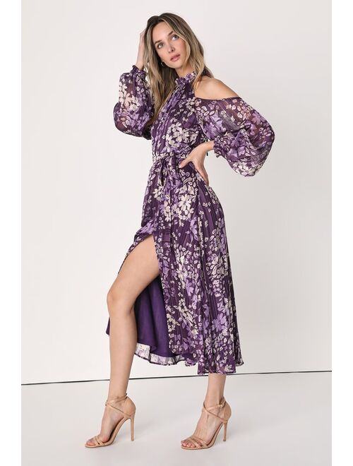 Lulus Storybook Sweetheart Purple Floral Cold-Shoulder Midi Dress