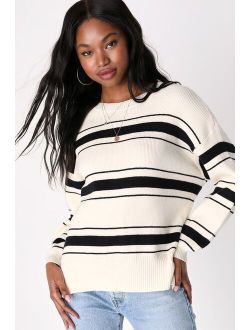 Seriously Stylish Ivory and Black Striped Pullover Sweater