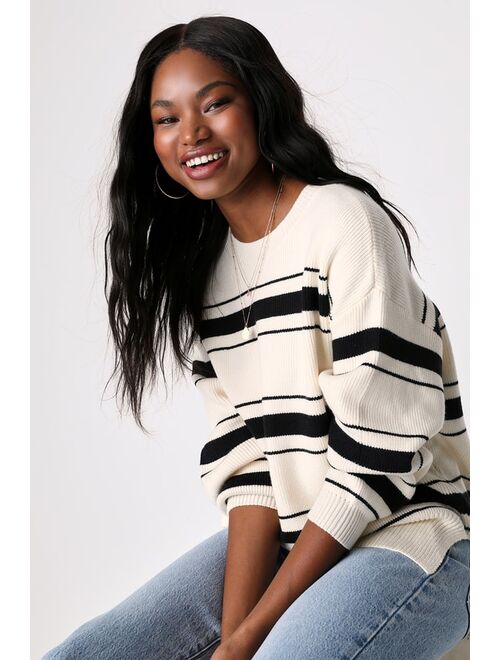 Lulus Seriously Stylish Ivory and Black Striped Pullover Sweater
