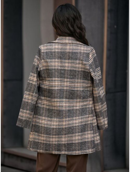 Shein Plaid Pattern Lapel Neck Double Breasted Patched Pocket Overcoat