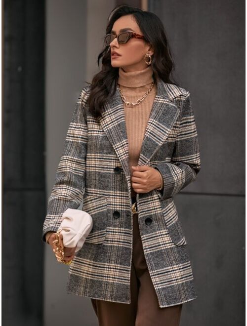 Shein Plaid Pattern Lapel Neck Double Breasted Patched Pocket Overcoat