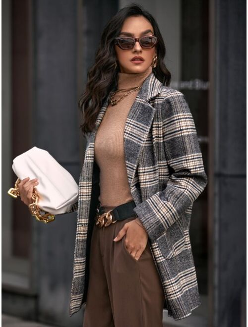 Shein Plaid Pattern Lapel Neck Double Breasted Patched Pocket Overcoat