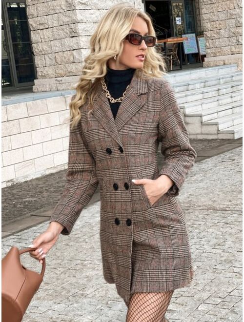 Shein Plaid Lapel Neck Double Breasted Overcoat