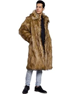 UMREN Mens Faux Fur Coat Long Black Jacket Warm Furry Overcoat Outwear