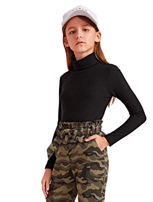 Floerns Girls Solid Turtle Neck Long Sleeve Rib Knit Shirt Tee Top