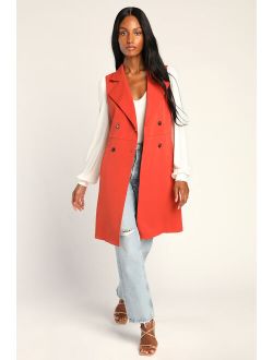 West Side Stroll Rust Orange Sleeveless Collared Trench Coat