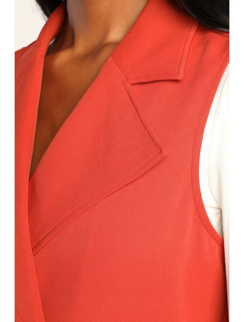 Lulus West Side Stroll Rust Orange Sleeveless Collared Trench Coat