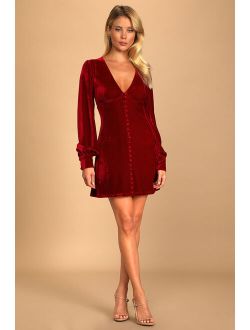 Make it Merry Wine Red Velvet Long Sleeve Button-Up Mini Dress