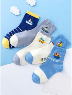 5pairs Toddler Boys Sailboat Pattern Crew Socks