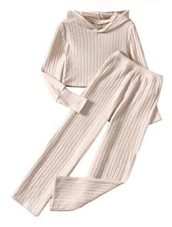 Girl's Two Piece Outfits Ribbed Knit Long Sleeve Hoodie and Long Pants Set