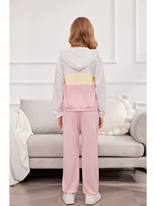 Hopeac Girls Sweatsuits 2PCS Outfits Color Block Clothing Set Casual Hoodies Sweatshirt Sweatpants Tracksuit With Pockets