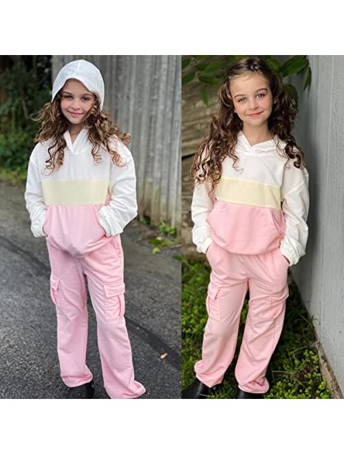 Hopeac Girls Sweatsuits 2PCS Outfits Color Block Clothing Set Casual Hoodies Sweatshirt Sweatpants Tracksuit With Pockets
