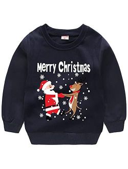 Popshion Toddler Boys Christmas Sweatshirts Long Sleeve Pullover Shirts Reindeer Sweaters Xmas Cartoon Tee Sport Tops 1-7T