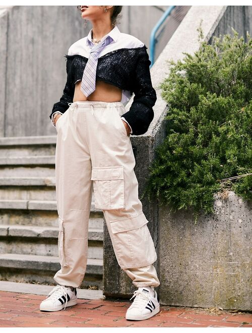 ASOS DESIGN patch pocket parachute cargo pants in stone