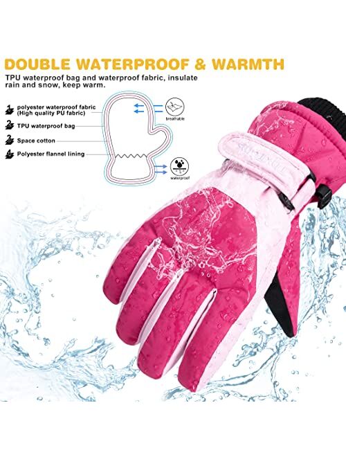ThxToms Kids Winter Gloves Waterproof Ski Snow Gloves for Boys & Girls Cold Weather Outdoor Sports Snowboard Bicycle for 4-14 Years Old