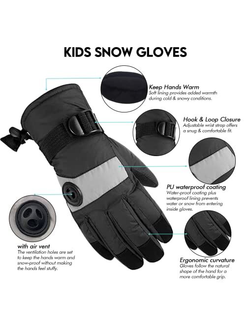 HighLoong Kids Waterproof Ski Snowboard Gloves Mittens Thinsulate Lined Winter Cold Weather Gloves for Boys and Girls