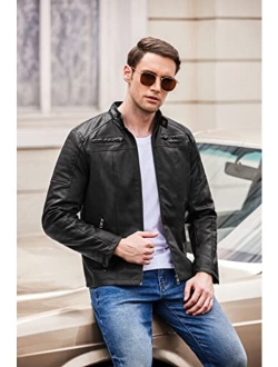 Men's Slim Fit Leather Jackets Stand Collar Lightweight Bomber Jacket Zip Up PU Motorcycle Biker Coat