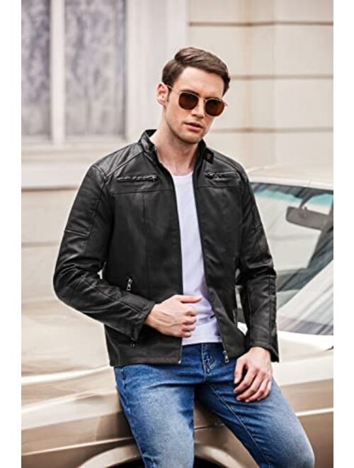 COOFANDY Men's Slim Fit Leather Jackets Stand Collar Lightweight Bomber Jacket Zip Up PU Motorcycle Biker Coat