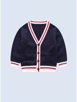 Baby Striped Trim Pocket Detail Cardigan