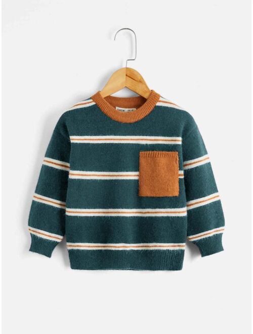 Shein Toddler Boys Striped Pattern Pocket Patched Sweater
