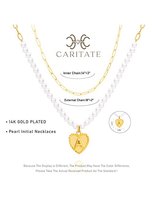 CARITATE Gold Heart Initial Necklace For Women Christmas Gifts, 14K Gold Plated Dainty Paperclip Link Chain Layered Necklaces For Women, Personalized Letter Pearl Necklac