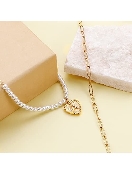 CARITATE Gold Heart Initial Necklace For Women Christmas Gifts, 14K Gold Plated Dainty Paperclip Link Chain Layered Necklaces For Women, Personalized Letter Pearl Necklac