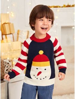 Toddler Boys Stripe Snowman Pattern Raglan Sleeve Sweater