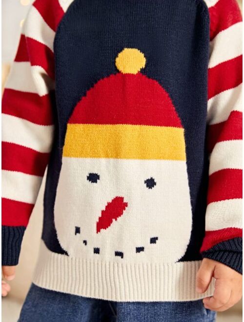 Shein Toddler Boys Stripe Snowman Pattern Raglan Sleeve Sweater