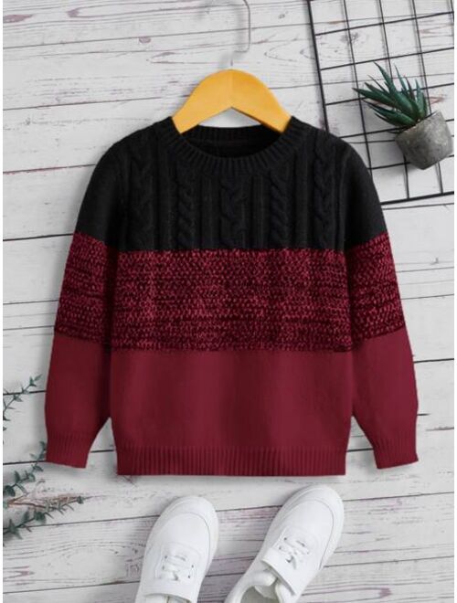 SHEIN Toddler Boys Colorblock Cable Knit Sweater