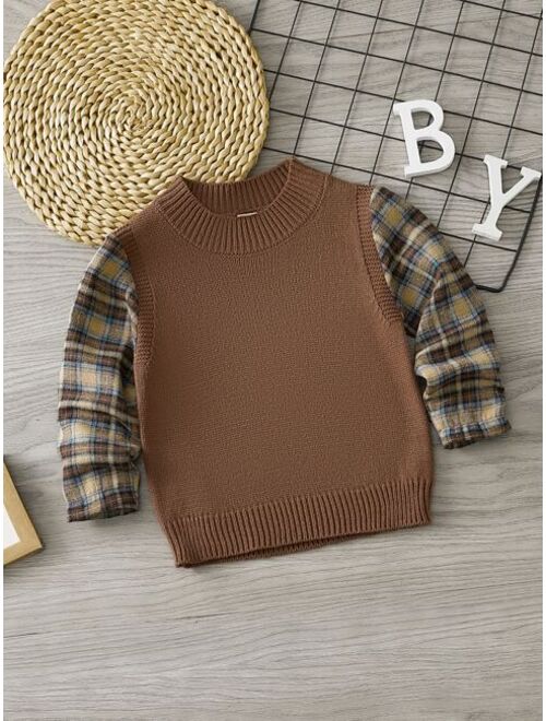 Shein Toddler Boys Plaid Pattern 2 In 1 Sweater
