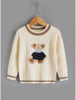 Toddler Boys Bear Pattern Cable Knit Contrast Trim Sweater
