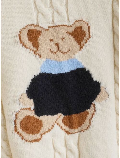 Shein Toddler Boys Bear Pattern Cable Knit Contrast Trim Sweater