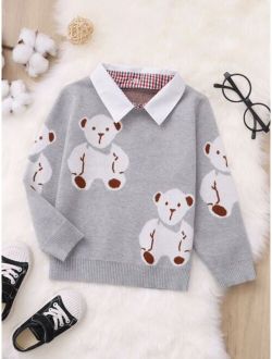 Toddler Boys Bear Pattern Contrast Collar Sweater