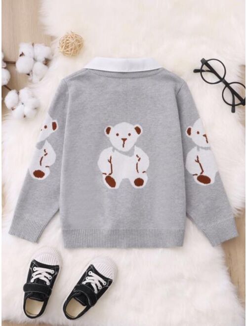 Shein Toddler Boys Bear Pattern Contrast Collar Sweater