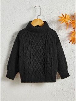 Toddler Boys Cable Knit Turtleneck Drop Shoulder Sweater