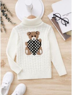 Toddler Boys Bear Pattern Cable Knit Turtleneck Sweater
