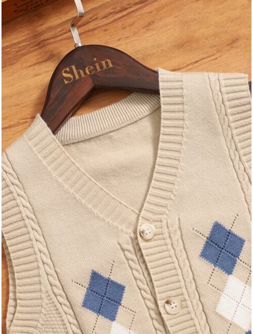 Shein Toddler Boys Argyle Pattern Cable Knit Vest Cardigan