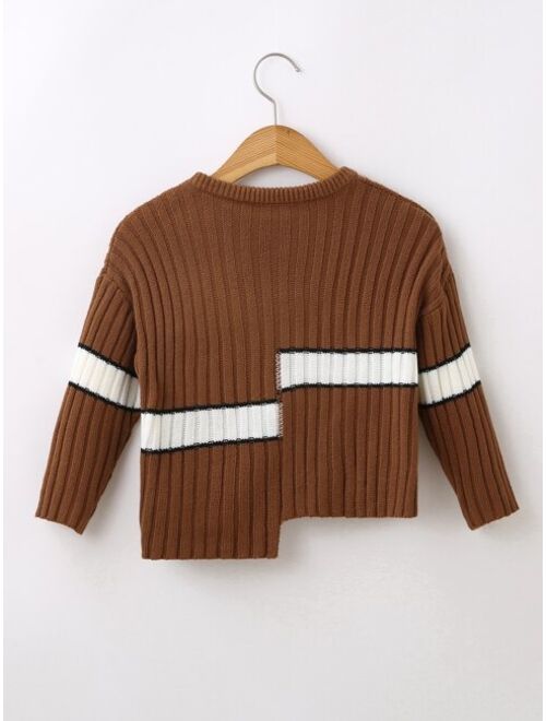 Shein Toddler Boys Stripe Pattern Asymmetrical Hem Drop Shoulder Sweater