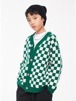 Boys Checkered Pattern Drop Shoulder Cardigan