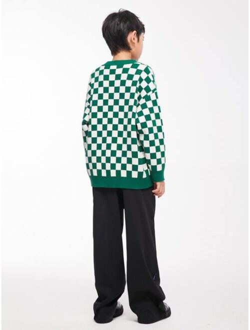 Shein Boys Checkered Pattern Drop Shoulder Cardigan