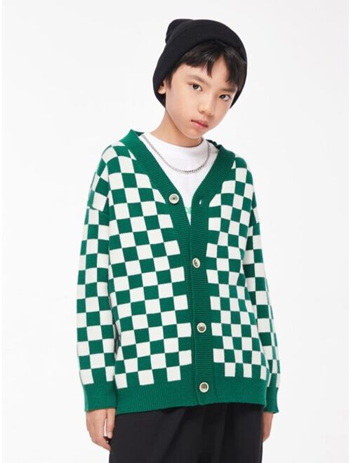 Shein Boys Checkered Pattern Drop Shoulder Cardigan
