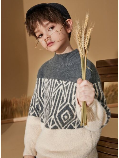 Shein Boys Geo Pattern Colorblock Drop Shoulder Sweater