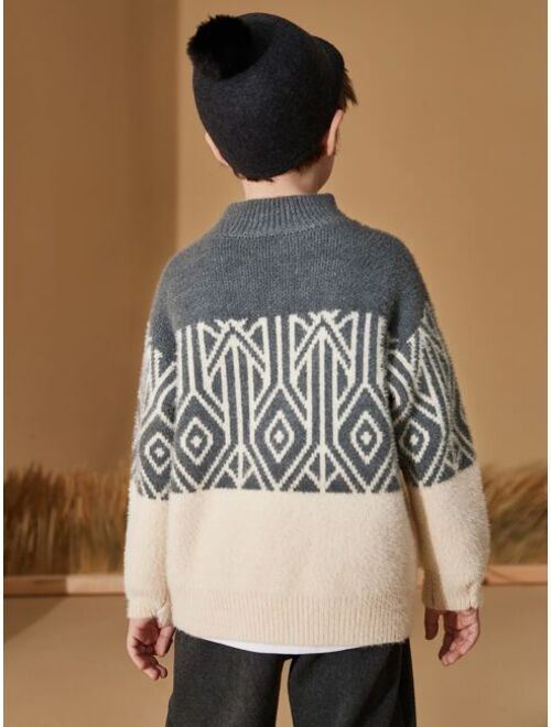 Shein Boys Geo Pattern Colorblock Drop Shoulder Sweater