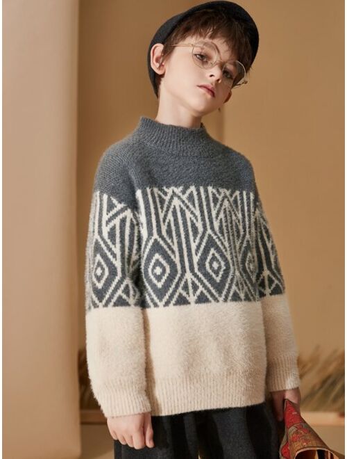 Shein Boys Geo Pattern Colorblock Drop Shoulder Sweater