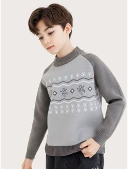 Boys Chevron Geo Pattern Mock Neck Raglan Sleeve Sweater