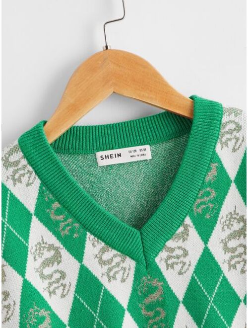 SHEIN Boys V neck Chinese Dragon and Argyle Sweater