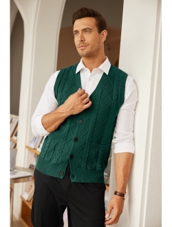 Men's V-Neck Sweater Vest Cable Knit Silm Fit Sleeveless Casual Button Cardigan Vest