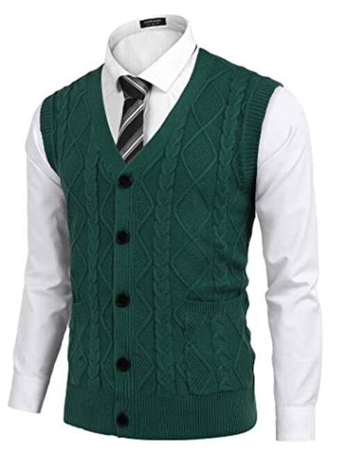 COOFANDY Men's V-Neck Sweater Vest Cable Knit Silm Fit Sleeveless Casual Button Cardigan Vest