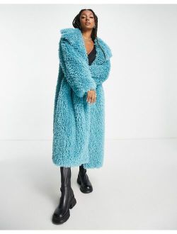 faux fur maxi coat in blue