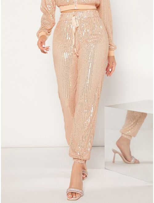 SHEIN BAE Drawstring Waist Sequin Pants